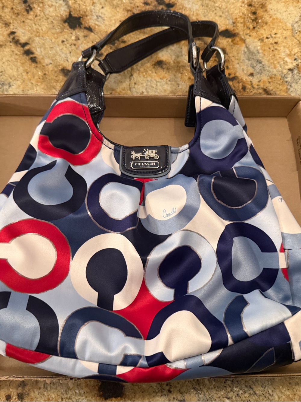 Coach Navy, Light Blue & Red Signature Circle Hobo Shoulder Bag